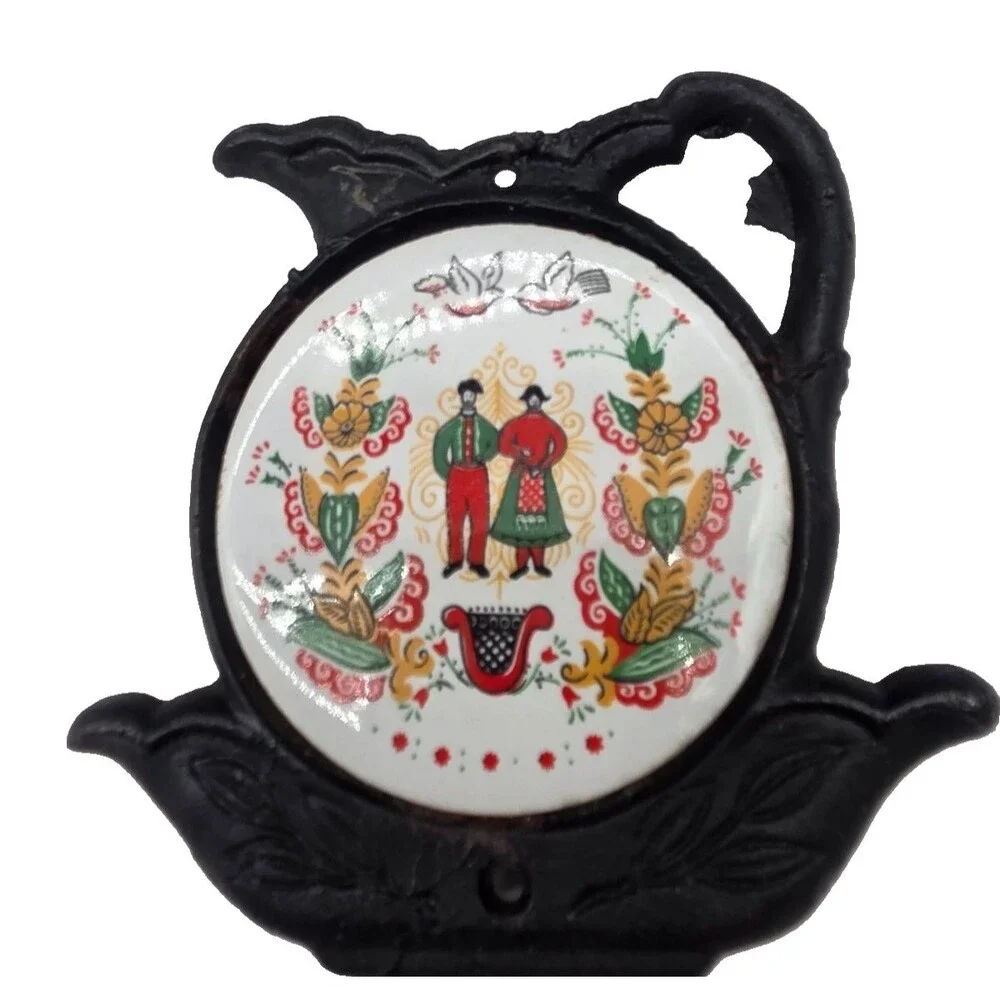 Vintage Cast Iron And Ceramic Trivet Hot Plate Spoon Rest Scandinavian Couple...